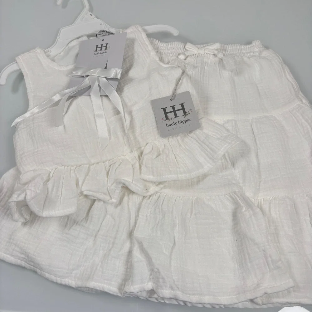 Haute Hippie Kids 3T White 3pc Set NEW Gauze Peplum Top Tiered Skirt Boho